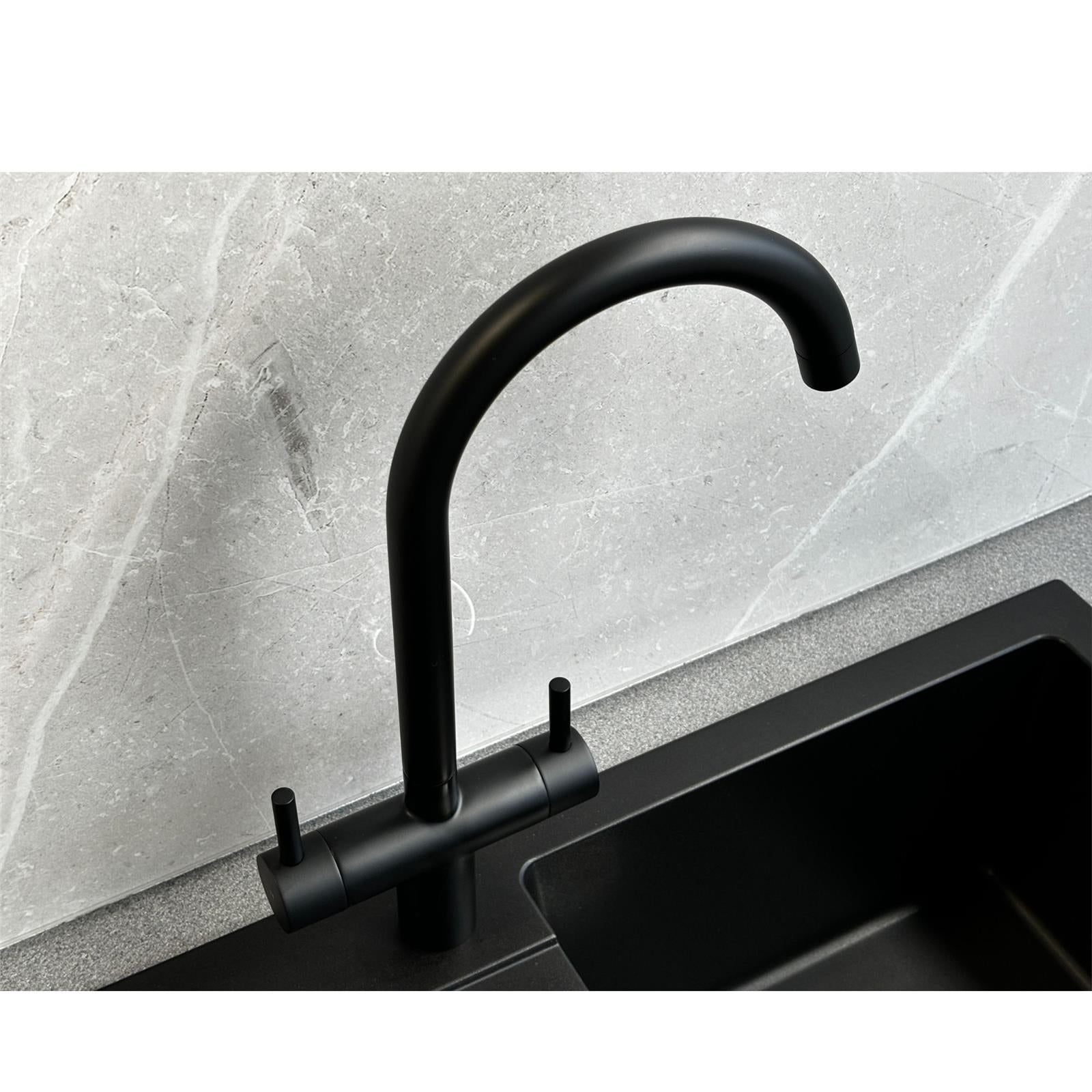 Liquida W03BL Swivel Spout Swan Neck Twin Lever Black Kitchen Mixer Tap